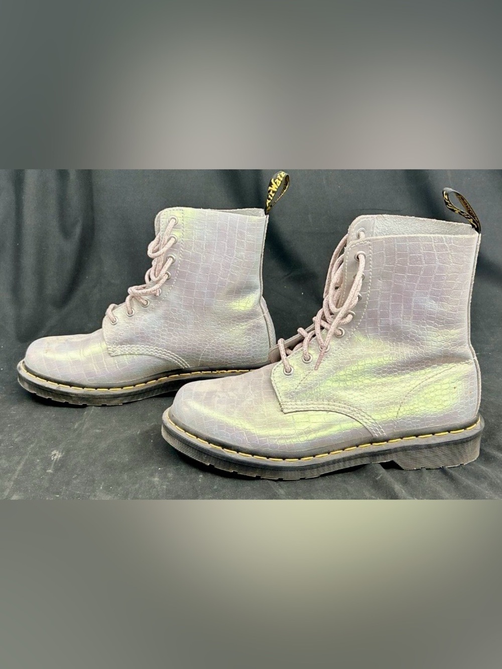 Leather Dr. Martens Iridescent Croc-Embossed Lace-Up Boots - pearlescent